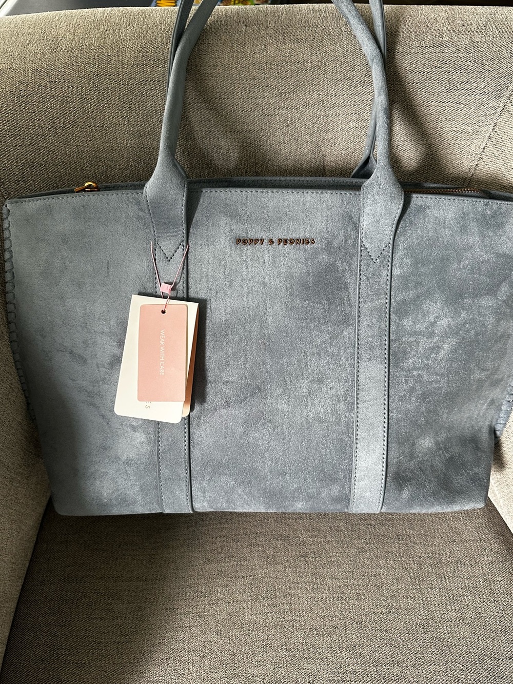 Meadow Tote in Dusty Blue Suede - Poppy and Peonies Picnic Collection
